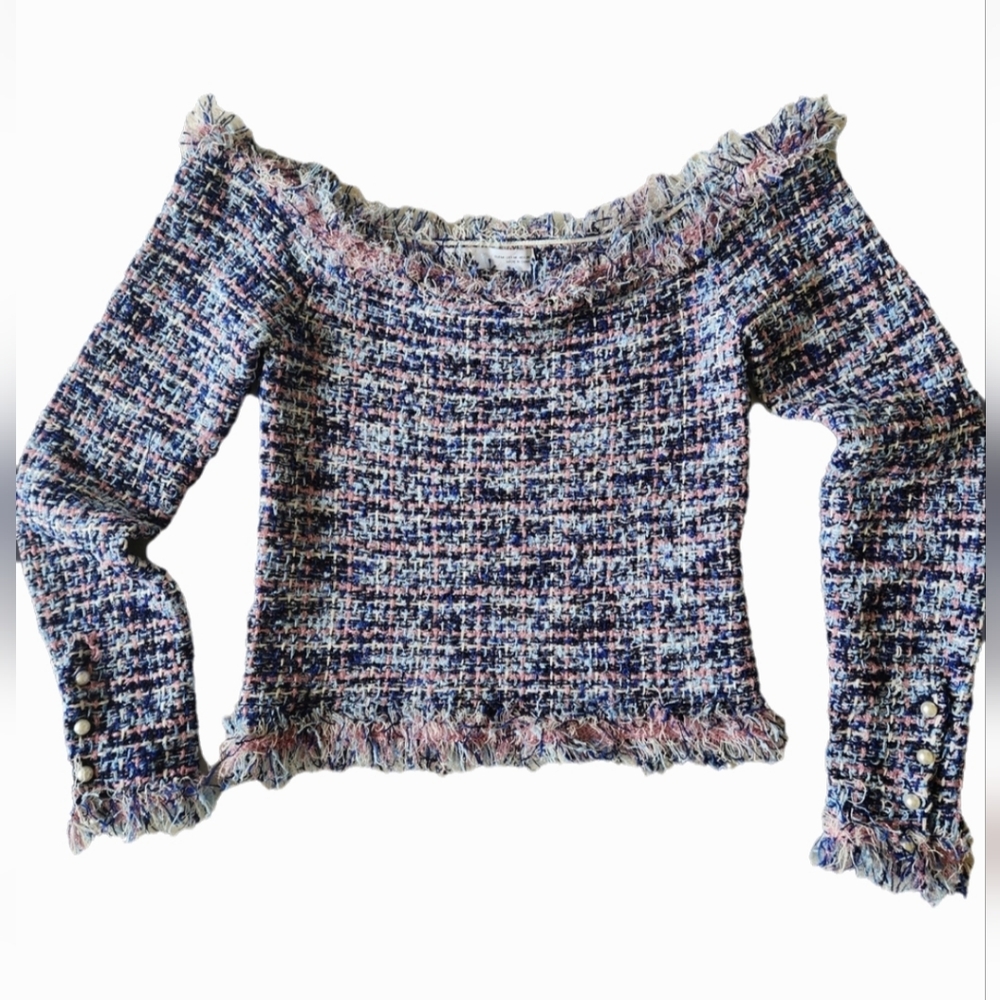 🌟2/$20🌟Zara shoulder off multicor blue pink sweater to size M with faux pearls